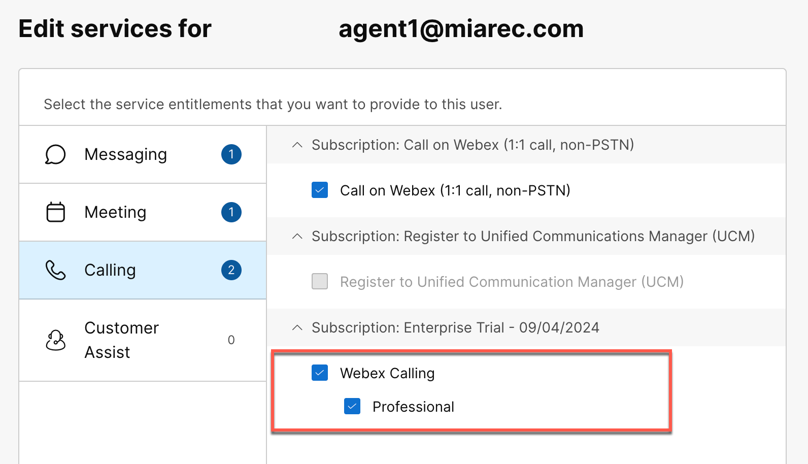 Webex Control Hub - Users - Licenses - Edit