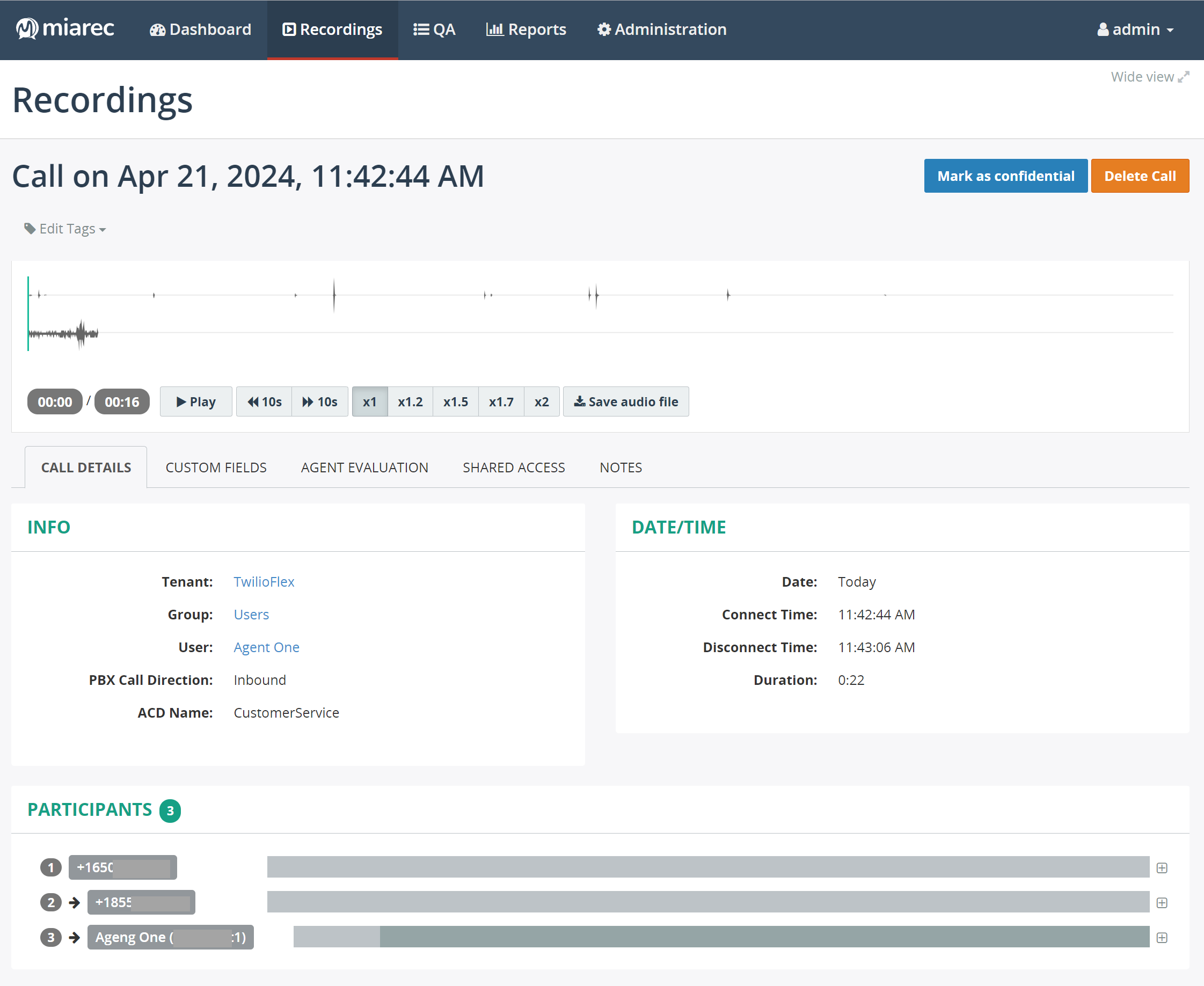 MiaRec call recording example